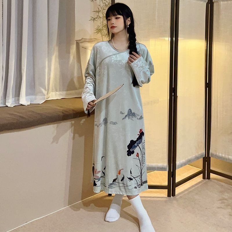 Gaun Malam Beludru untuk Wanita Lengan Panjang Baju Tidur Gaya Cina Baru