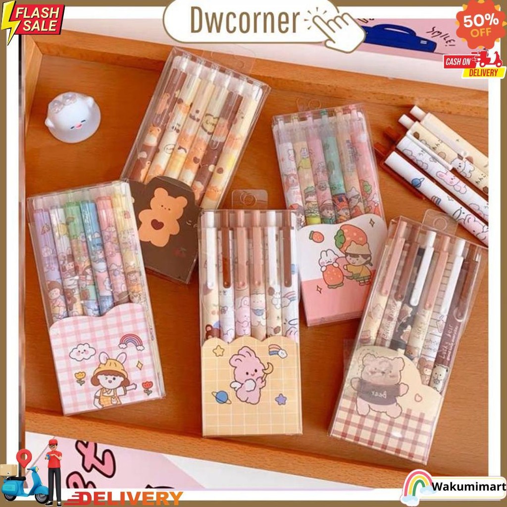 

[ Dwcorner ] Pulpen Gel Lucu Set 6In1 / Pulpen Tinta Hitam / Pulpen Gel Hitam Set D Cod