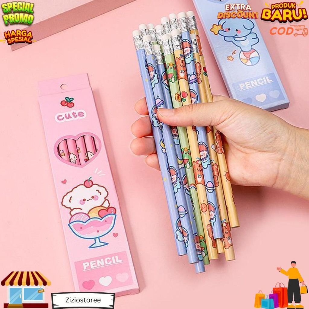 

1 Set 6Pcs Pensil Dan Penghapus Motif Kartun Lucu / Pensil Murah Lucu Lg D Promo 4.4