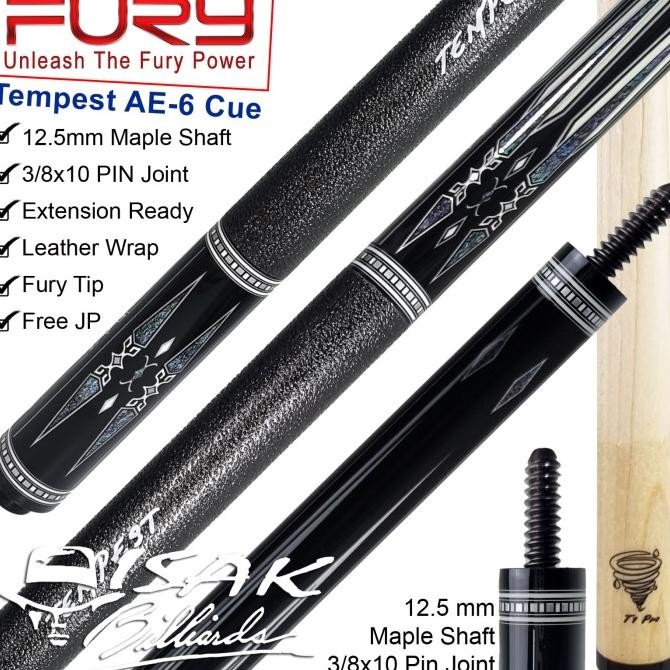 Fury Tempest AE-6 Pool Cue - 12.5mm Tip Stick Billiard Med Deflection