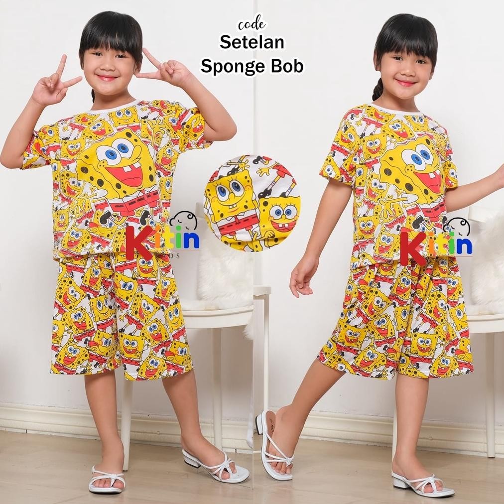 Setelan Baju Main Dan Harian Anak Cewek/Perempuan/Cowok Motif Full Printing Doraemon Spongebob Ukura