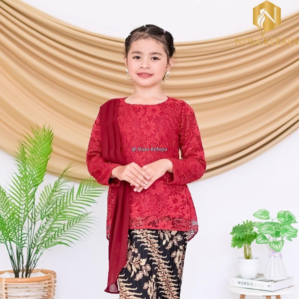 Atasan Kebaya Anak Bahan Brukat Mix Selendang Ceruty / Baju Kebaya Anak Perempuan Umur 3 4 5 6 7 8 9
