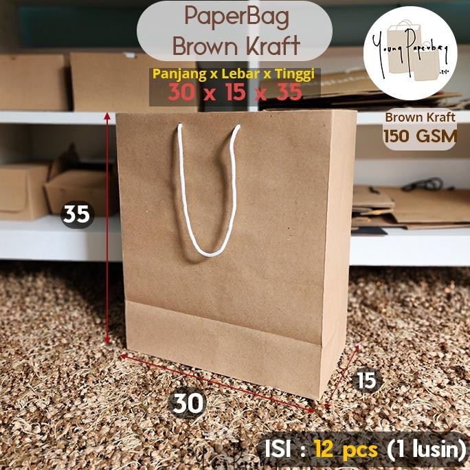

fth- Paper Bag/Tas Kertas Paperbag Polos Kraft Coklat 30 x 15 x 35 150GSM Terlaris
