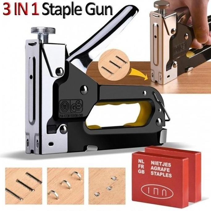 

Gratis 600 paku 3 in 1 Deli Stapler Staples Tembak 4-8mm Perkakas/Universal Paku T Paku U Paku Lurus Paku Manual KALI