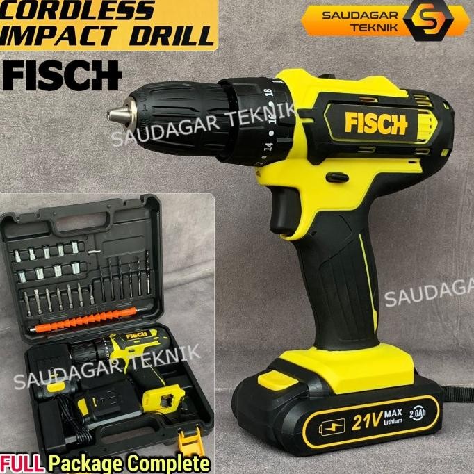 Cordless Impact Drill Fisch 21 V Mesin Bor Tembok Screwdriver Cordless Baterai Batre 21V Set Koper M