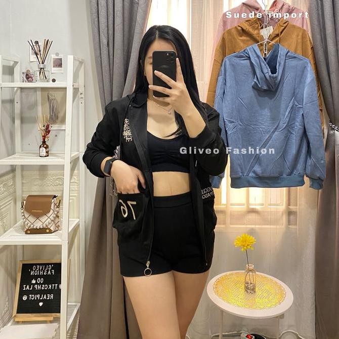Promo Gliveo (Cod) - Jaket Hoodie Pocket Suede Import / Jaket Suede Wanita Import / Jaket Wanita Ter