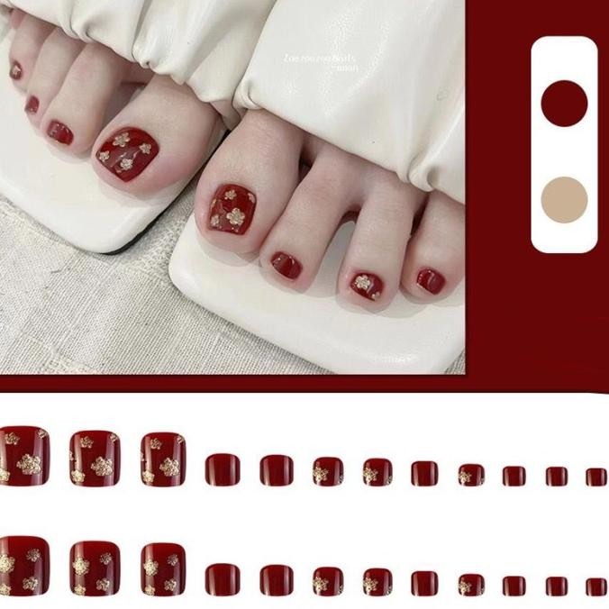 Murah Kuku Palsu Kaki Merah Maroon - Kuku Kaki Merah Maroon 24 Pcs Free Lem