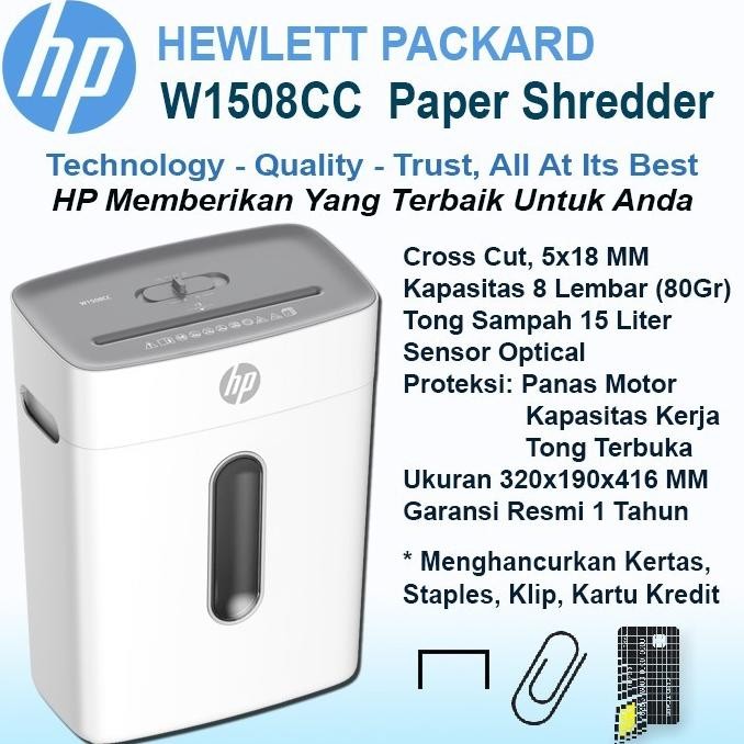 

Sale Hp 1508, Penghancur Kertas - Paper Shredder (Hewlett Packard), Kapasitas 8 Lembar 15 Ltr, Hp W1508Cc | Original