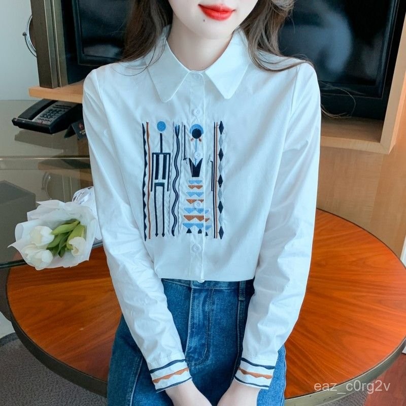 Blus Wanita Vintage  Fashion Wanita Kemeja Katun Bordir Lengan Panjang Putih