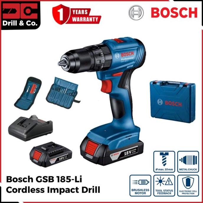 BOSCH GSB 185-LI CORDLESS BRUSHLESS IMPACT DRILL WITH ACCESSORIES / MESIN BOR TEMBOK BATERAI SET ORI