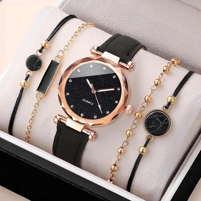 Set Gelang Jam Tangan Mode Wanita Gelang Jam Tangan Kuarsa Tali Kulit Dial Berbintang(No Box)