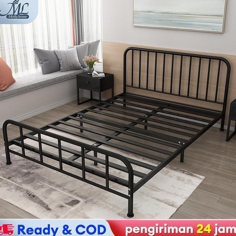 Tempat Tidur Besi 180cm Tempat Tidur Berkualitas Hitam&Putih  Ranjang Ganda Tidur Ganda Tempat Tidur