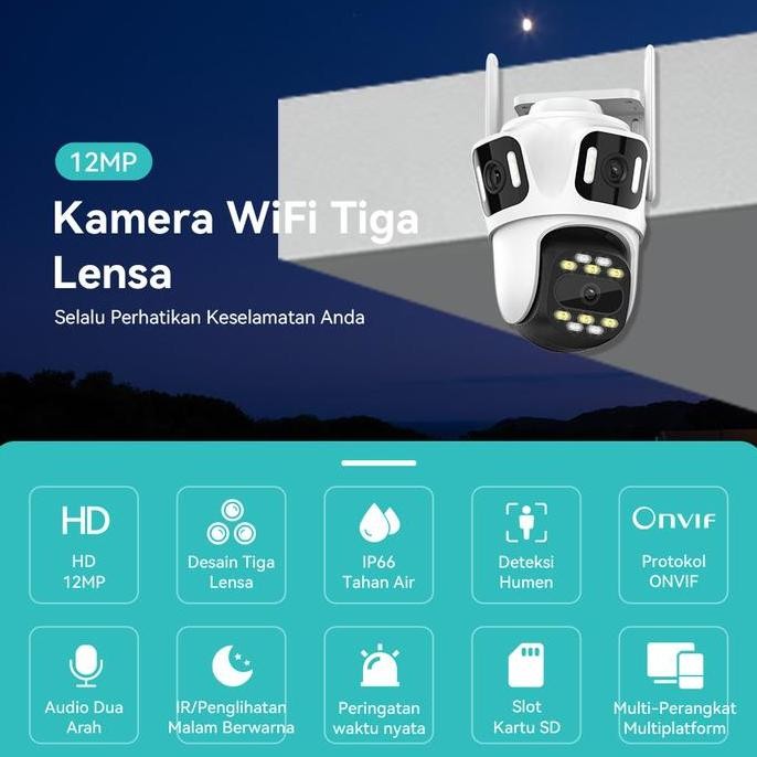 Promo Hamrol 12Mp Three Lens Three Screen Kamera Wifi Ptz Outdoor Waterproof Wireless Cctv Security 
