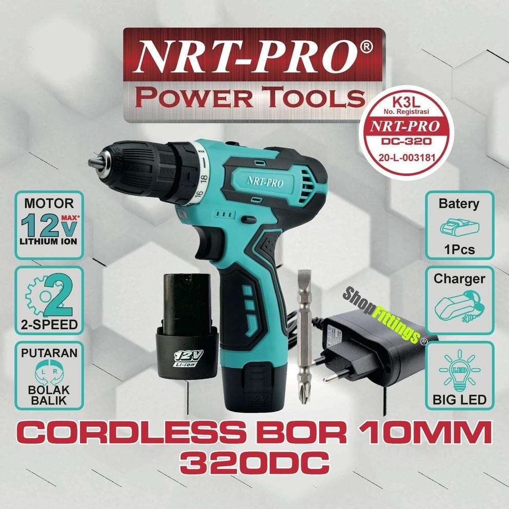 NRT PRO DC 320 Cordless Drill Bor Baterai Cas Charge 10mm 12V Ringan murah
