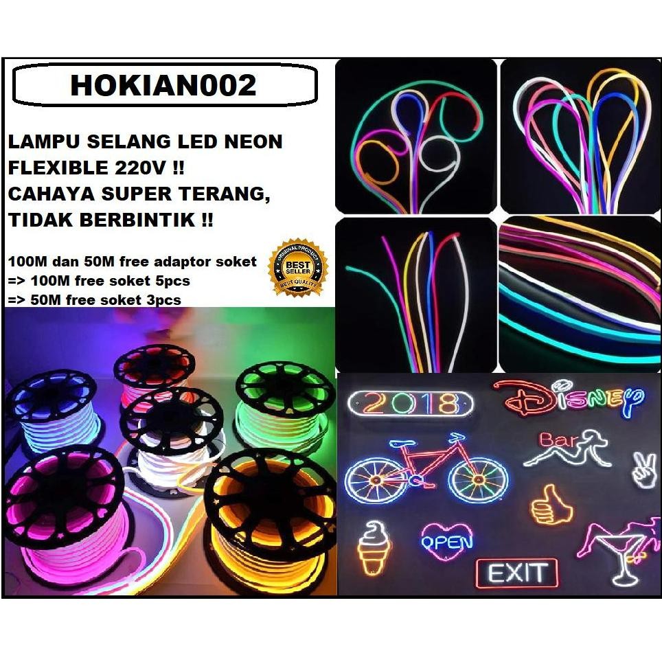 Iq45 Lampu Led Selang Neon Flexible 50 Meter Dan 100 Meter 220V Ip65 Waterproof Free Adaptor Soket
