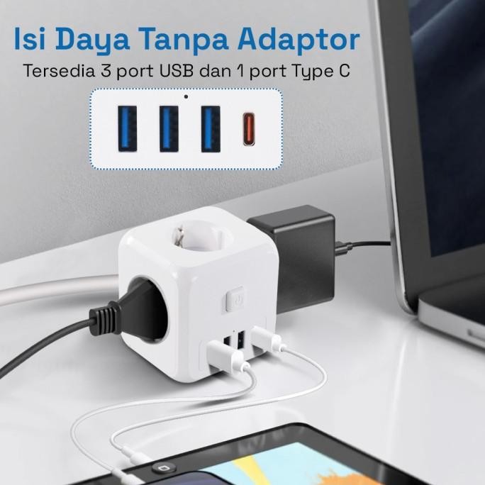 Stop Kontak 3 Port Usb + 1 Port Usb Type C Sambungan Colokan Listrik Eu Plug New Stok