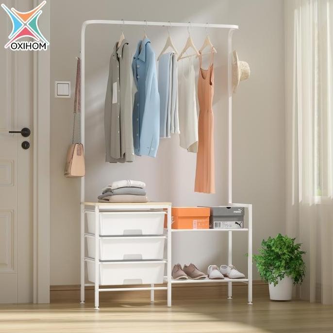 Oxihom Lemari Pakaian Gantungan Baju Full Drawer Pakaian Lemari Baju Gantung 3 Laci Susun Besi Kayu 