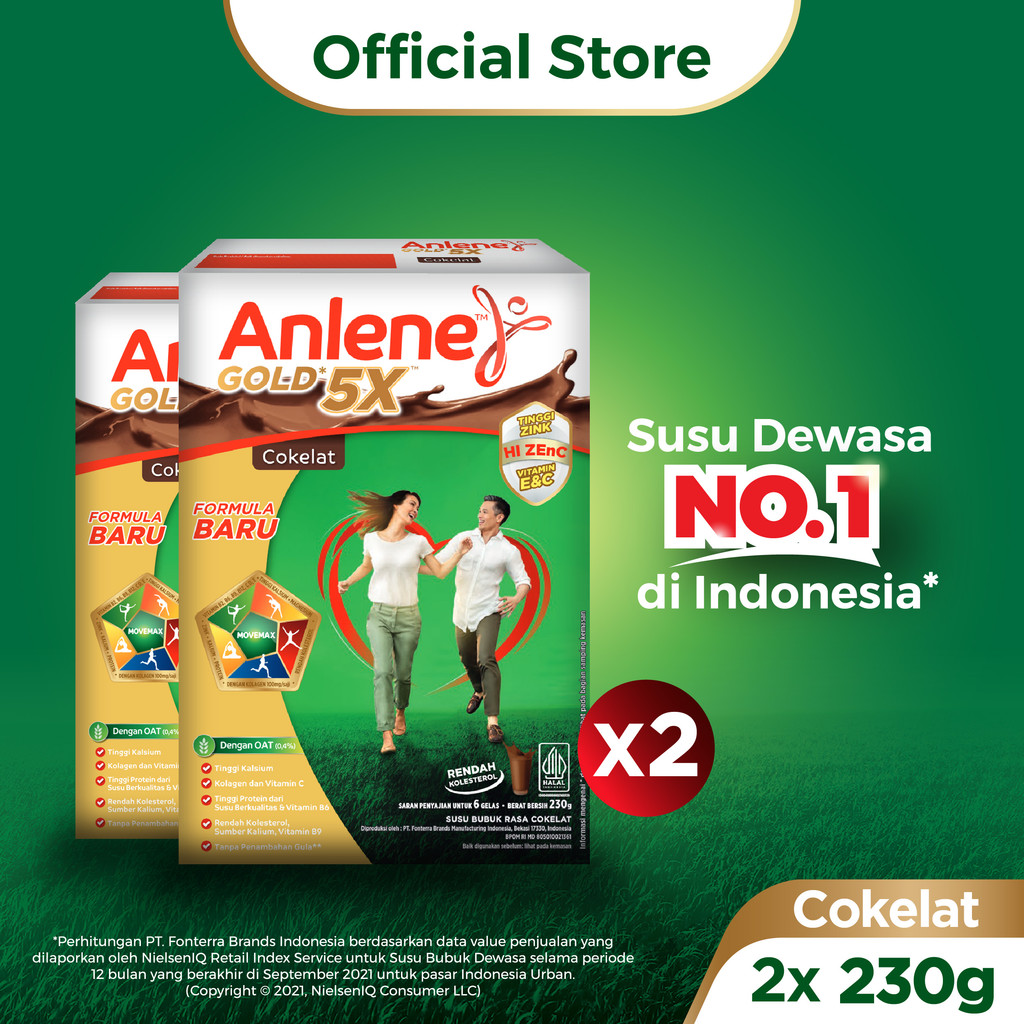 

Anlene Gold 5X Susu Bubuk Dewasa Cokelat 2 x 230g - Nutrisi Tinggi Kalsium Untuk Tulang, Sendi, dan Otot