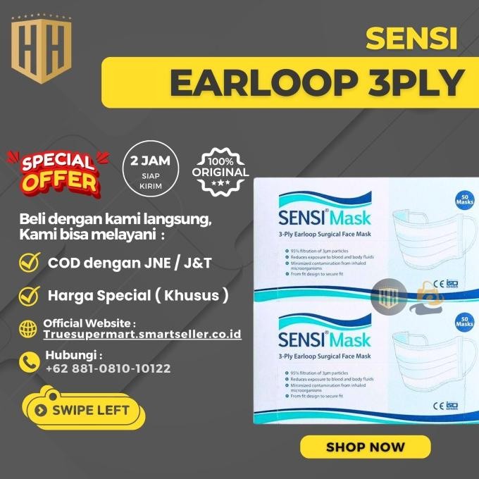MASKER SENSI EARLOOP 3PLY EARLOOP SURGICAL FACE MASK, MASKER SENSI MEDIS, 1 BOX ISI 50PCS TERMURAH