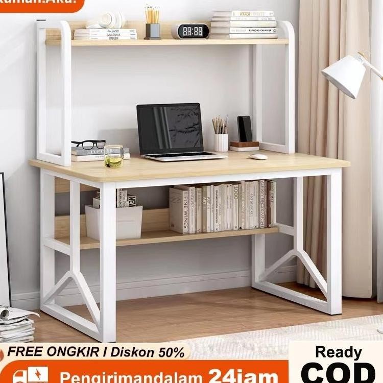 RA Meja Kerja dengan Rak Tingkat Serbaguna / Meja Belajar Minimalis / Meja Kantor Kokoh / Meja Kompu