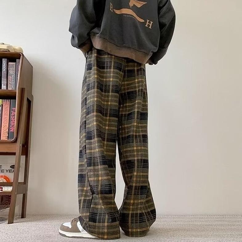 Celana Tartan Pria Korean Style Celana Longgar Pria Celana Pria Terbaru Highwaist Celana Kotak-Kotak