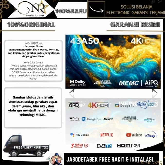 TCL 43A50 4K ULTRA HDR ATMOS VISION SMART GOOGLE TV 43'INCH 2023 43A50