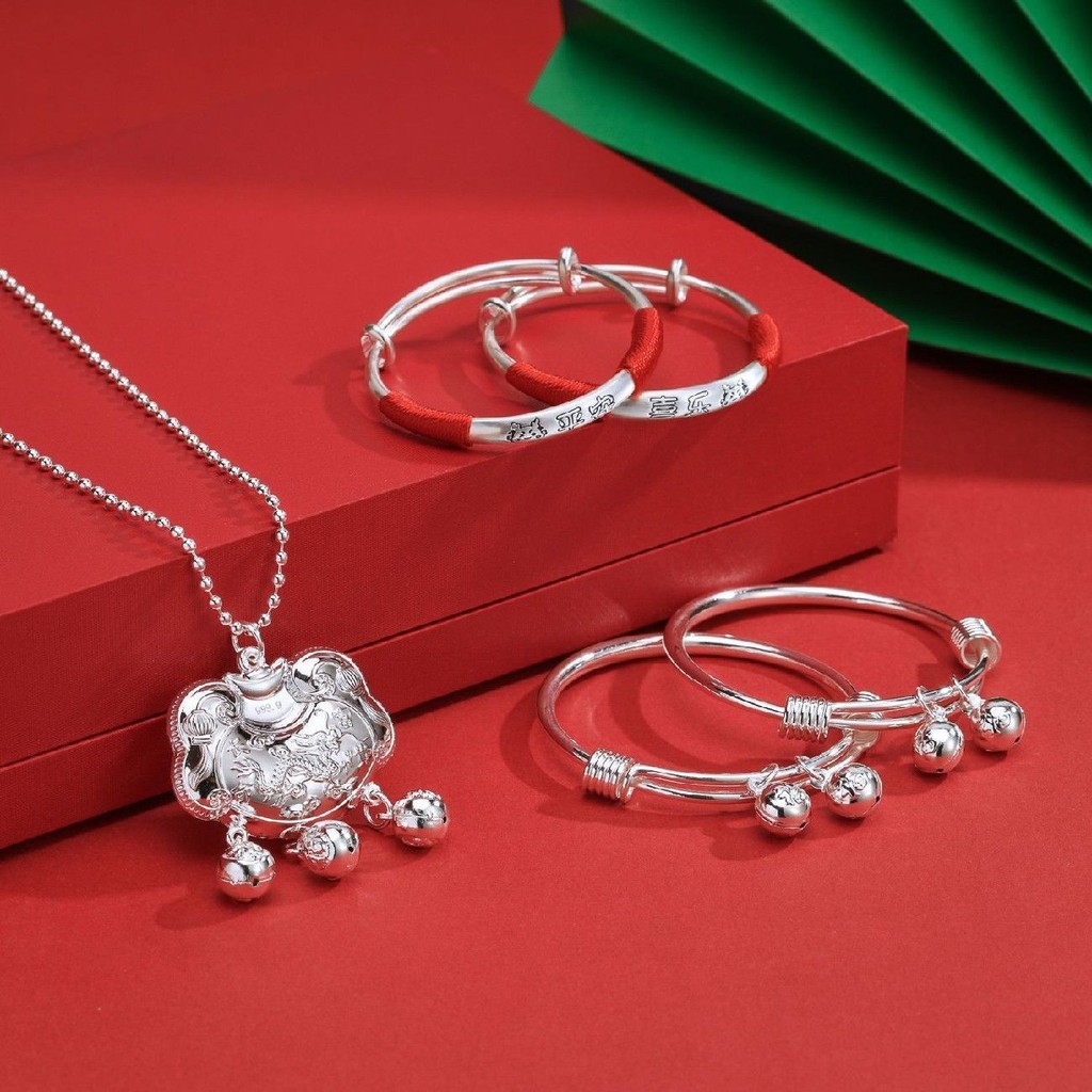 Gelang Perak Bayi9999Kunci Panjang Umur Bayi Perak Murni Naga Kelinci Set Hadiah Bulan Purnama untuk