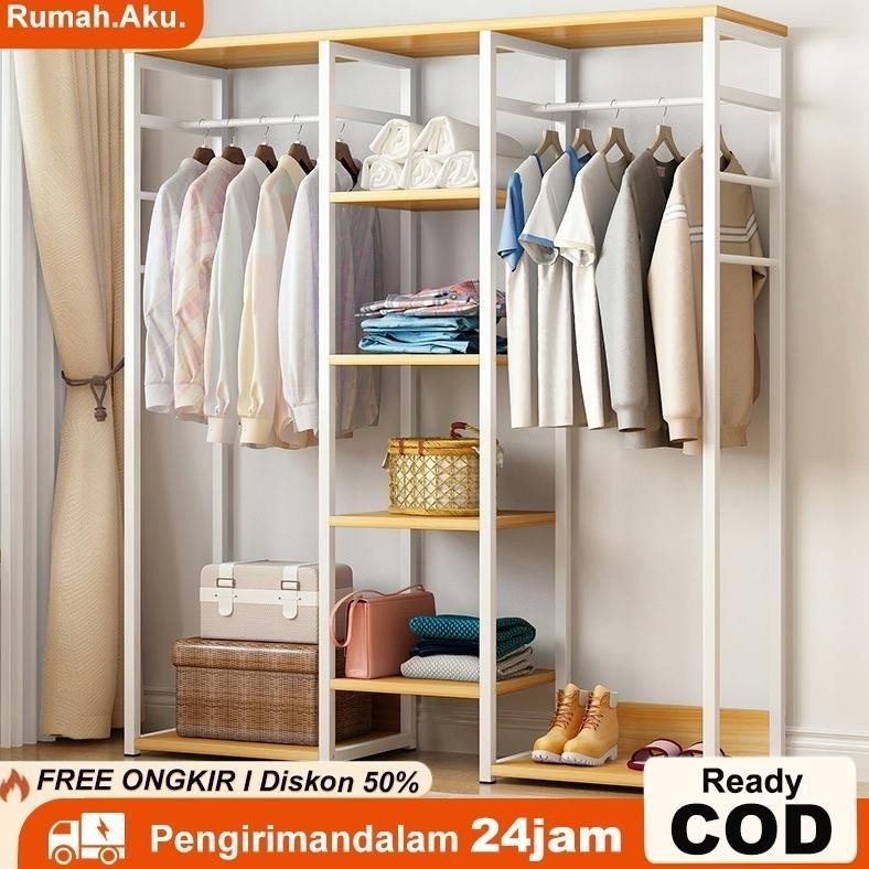 Rak Gantungan Baju Besi Terbuka/Rak Baju Kayu 5 Susun/Stand Hanger Besi