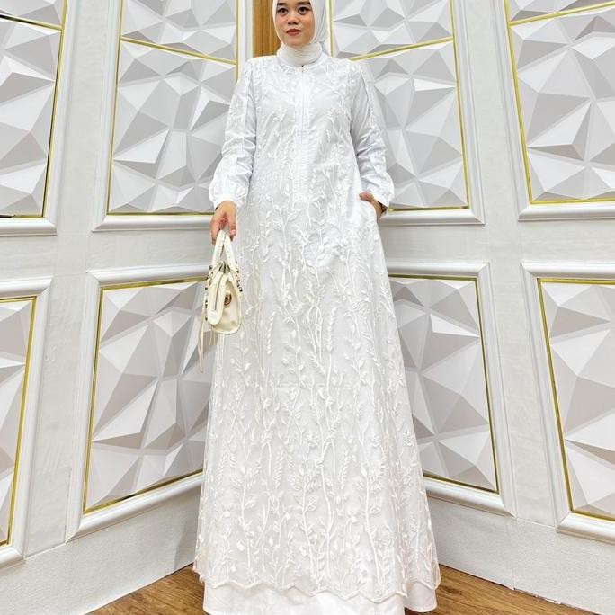 ABAYA MAXY PUTIH / ABAYA KOMBINASI BORKAT Polos Bunga Putih Polos ceruty gamis muslim  mewah Motif T