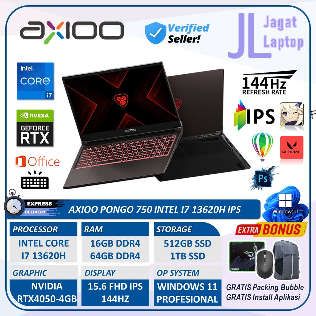 Laptop Gaming Axioo Pongo 750 RTX 4050 Intel I7 13620h RTX 4050 32GB 1TB SSD 15.6" FHD IPS 144Hz