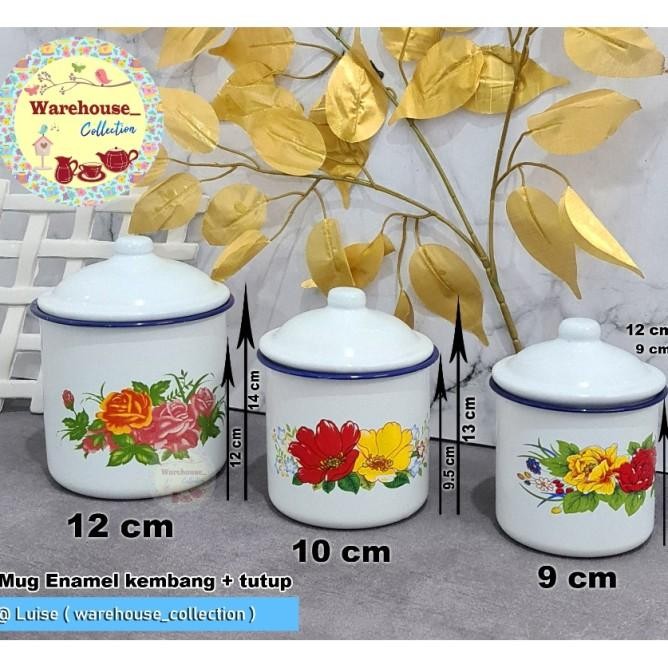 Mug Enamel Seng Kaleng Jadul Kembang Bunga Tutup 10 Cm