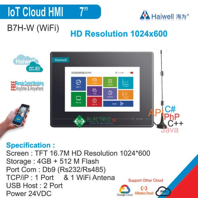 B7H-W Haiwell, Iot Cloud Hmi 7 Inch + Wifi Hd Resolution 1024X600 New Stok