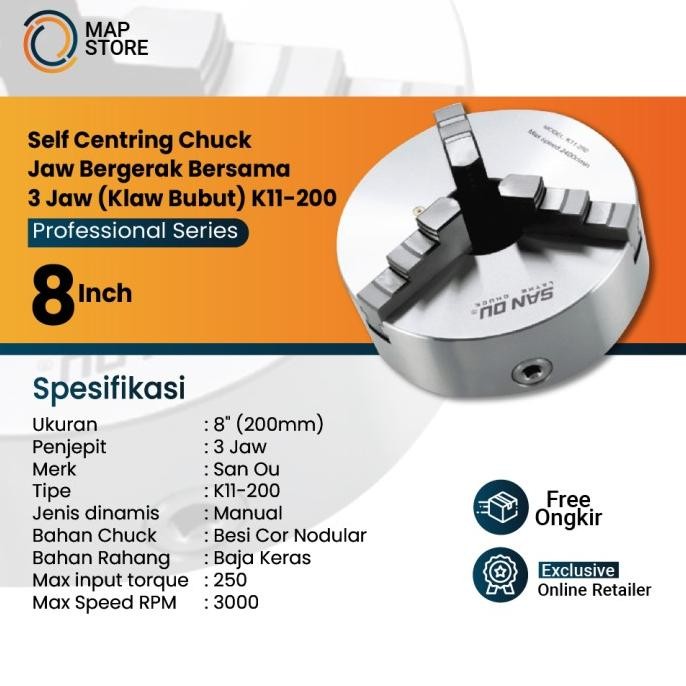 Chuck Bubut 8" 3 Jaw / Claw Bubut 3 Jaw / Catok Kepala Bubut 8 Inch murah