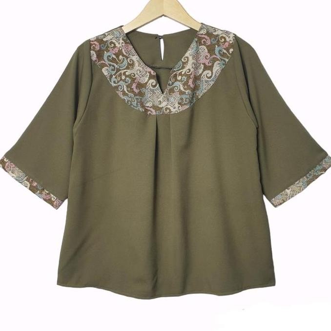 Tersedia LVL - Blouse Batik Kombinasi Lestari Atasan Wanita Kasual Blus Vneck Jumbo Cewek Baju Kerja