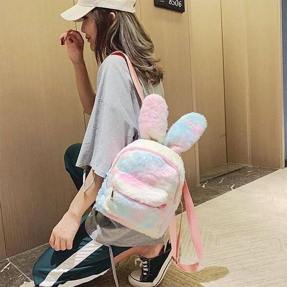 RedArtos Tas Ransel Bulu Wanita Bentuk Kelinci Backpack Mini Wanita Tas Ransel Sekolah Kuliah Cewek 