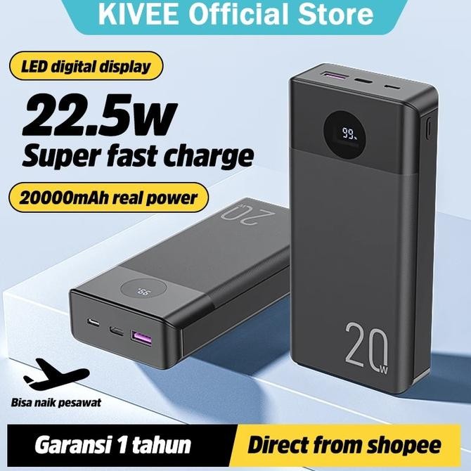 KIVEE Powerbank 20000 mAh Real Fast charging 22.5W PD+OC 3.0 2 input 2 output LED power display