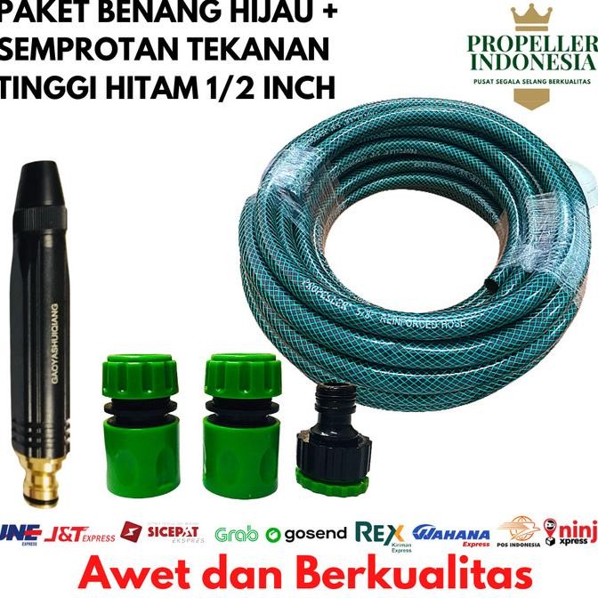 Selang Air 1/2 Inch Benang Hijau Paket Semprotan Air Cuci Motor Hitam
