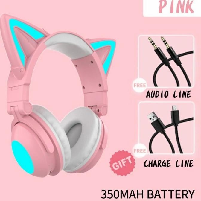 Headphone Gaming Cat Ear Bluetooth Headset Kucing Lucu Cat Ear Pink