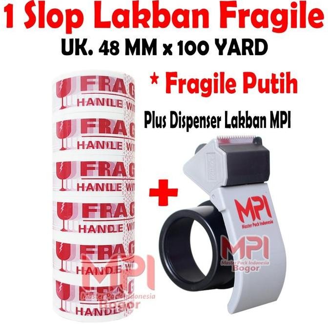 

Promo 1 SLOP [ 6 Roll ] - Lakban Fragile Merah - Fragile Putih MPI 48 mm x 100 yard + Dispenser Lakban MPI - master Pack Indonesia Bogor COD