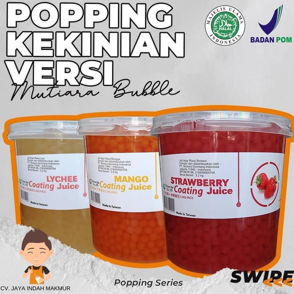 

Paling Laris Gojek Popping Boba/Poping Bobba/Coating Juice Impor Taiwan 3.3 Kg Halal Bpom Mango Lychee Strawberry Blueberry Yogurt Brown Sugar Kiwi Lemon Passion Fruit Chocolate Coffee Apple