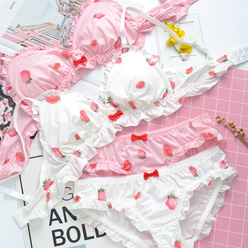 Strawberry Cute Japanese Milk Silk Bra & Panties Set Wirefree Soft Underwear Set Kawaii Lolita Bra a