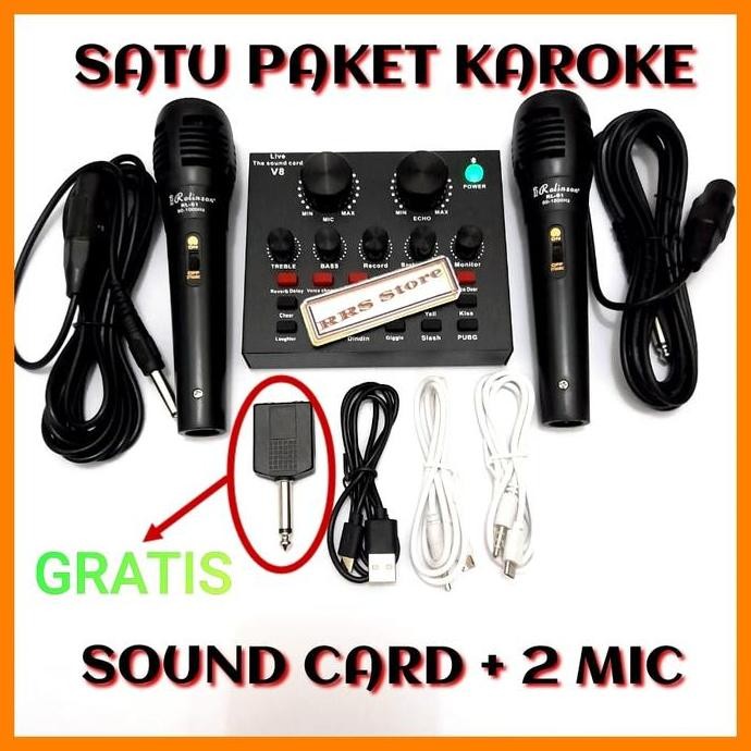 Baru ALAT KAROKE MURAH SOUNDCARD V8 DAN MIC SATU PAKET Mixer mini  Broadcast Microphone V8 bluetooth
