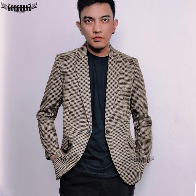 new !!! jas pria slimfit blazer pria tartan coklat susu realpic gorgoraz casual formal keren murah