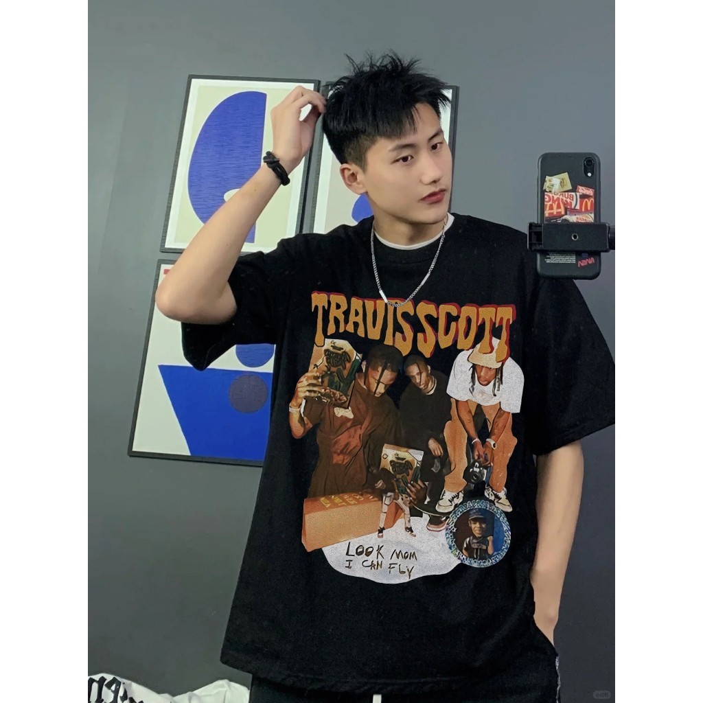 Travis Scott T-shirt Pakaian Atasan Baju Kaos Oversize Wanita Hitam Dewasa Distro Original Lengan Pe