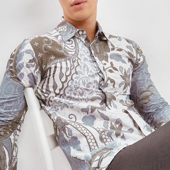 Promo Jayashree - Batik Slimfit Askya Brown Kemeja Batik Pria Lengan Panjang - Baju Kerah Motif Bati