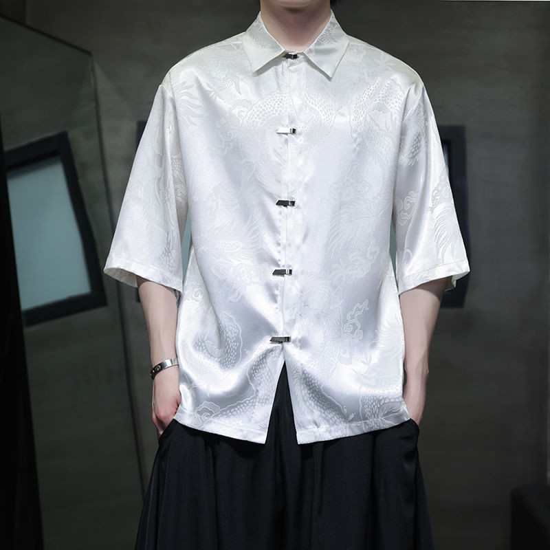 Kemeja Lengan Pendek Pria dari Sutra Es Gaya Cina Tinggi Pola Naga Jacquard
