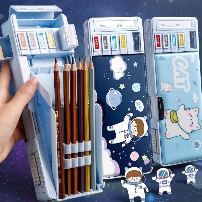 Matougui - Tempat Pensil Multifungsi Anak Kotak Pensil Tombol Otomatis dengan Rautan & Kompartemen R