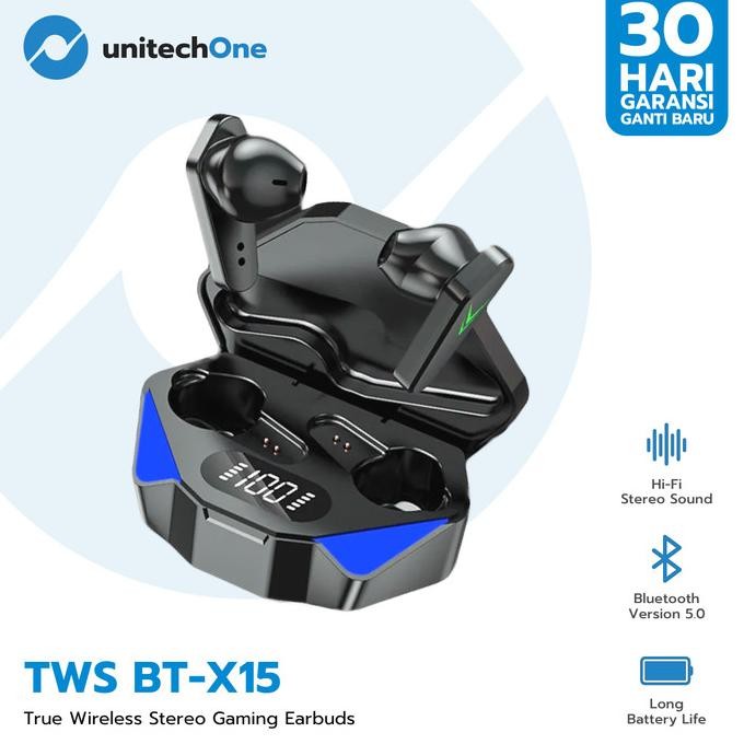 Original Headset Bluetooth Gaming TWS unitechOne X15 TWS Bluetooth V5.2 LED Smart Display
