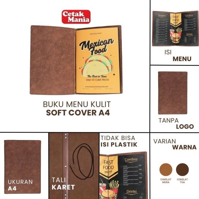 Cetak Mania - Buku Menu Kulit Soft Cover A4 Jepit Tali Karet Japanesse Binding Coklat tua - Cafe, Co