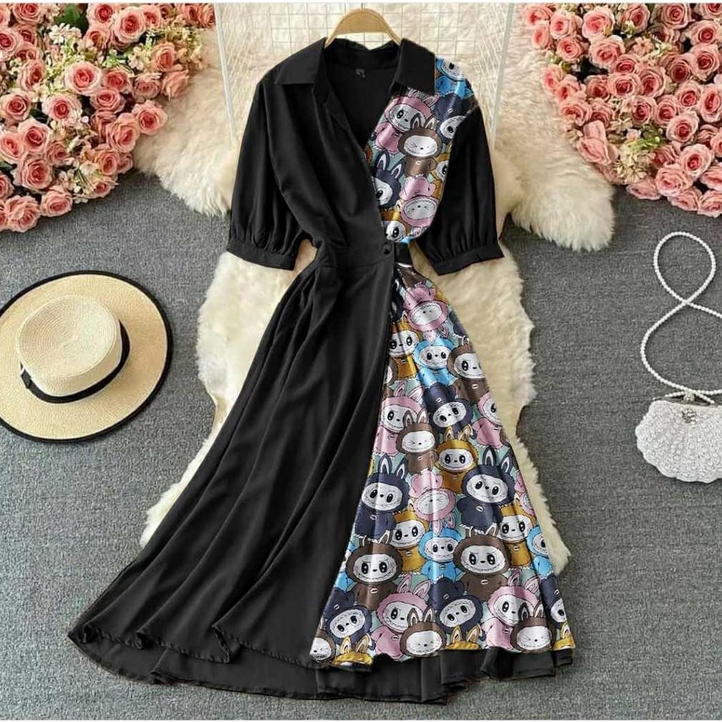 Labubu Dress Midi Fashion Kombinasi Polos Lengan Panng Tunik Katun
